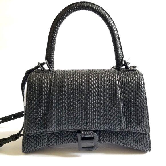 Balenciaga Small Hourglass Viper-Embossed Leather Top Handle Crossbody Bag Black - Picture 5 of 14